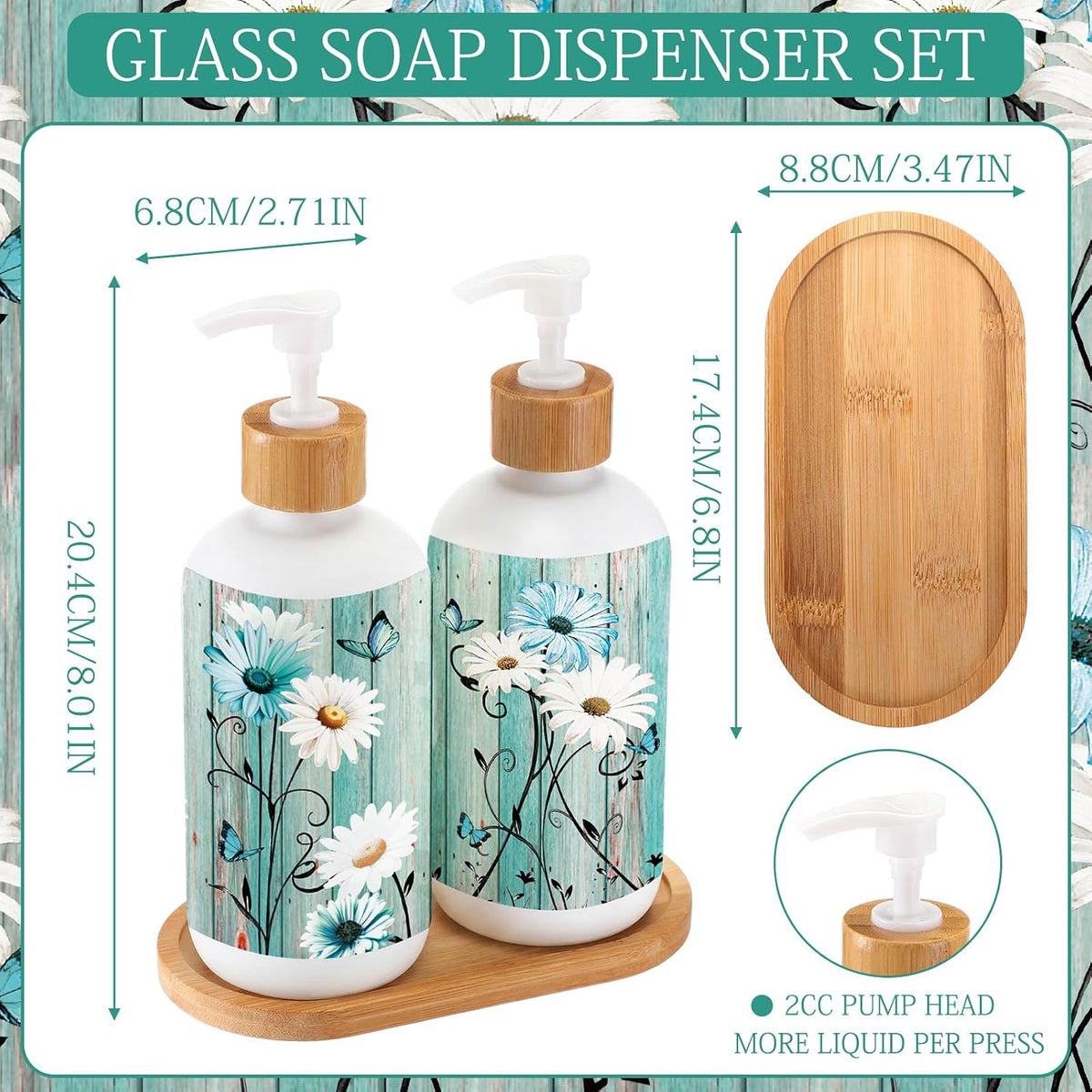 Potchen 2 Pack Glass Soap Dispenser Set Bathroom Decor Housewarming Gift Glass Soap Dispenser with Pump Wood Tray Home Decoration for Kitchen Bathroom (Teal Daisy)