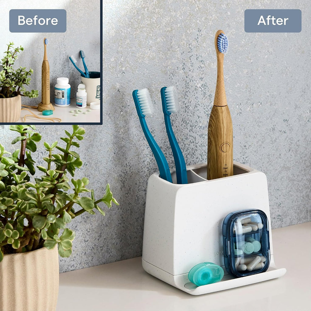YouCopia The Ledge Toothbrush Holder, 2-Slot, Bathroom Vanity Counter Organizer with Cord Slots, Removable Base and Storage for Phones, Toothpaste and Accessories