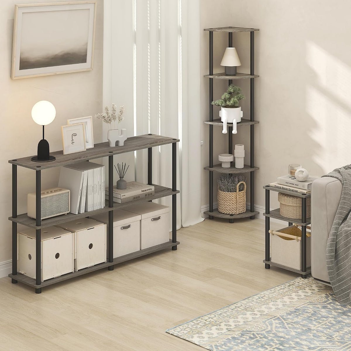 Furinno Turn-N-Tube Corner Shelf, 5-Tier Corner Bookshelf, Open Storage Shelves, for Organization and Storage, Living Room, Home Office, Garage, Bedroom, Grey Oak
