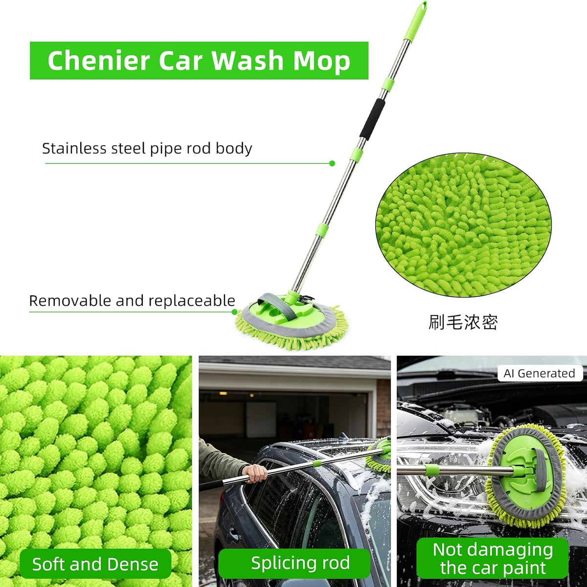 62" Car Wash Brush with Long Handle Chenille Microfiber Car Wash Mop Mitt, Wheel Brush, Windshield Window Squeegee, Car Duster Microfiber Towel, Gloves, Drill Brush, for Cleaning Cars RV Truck Boat