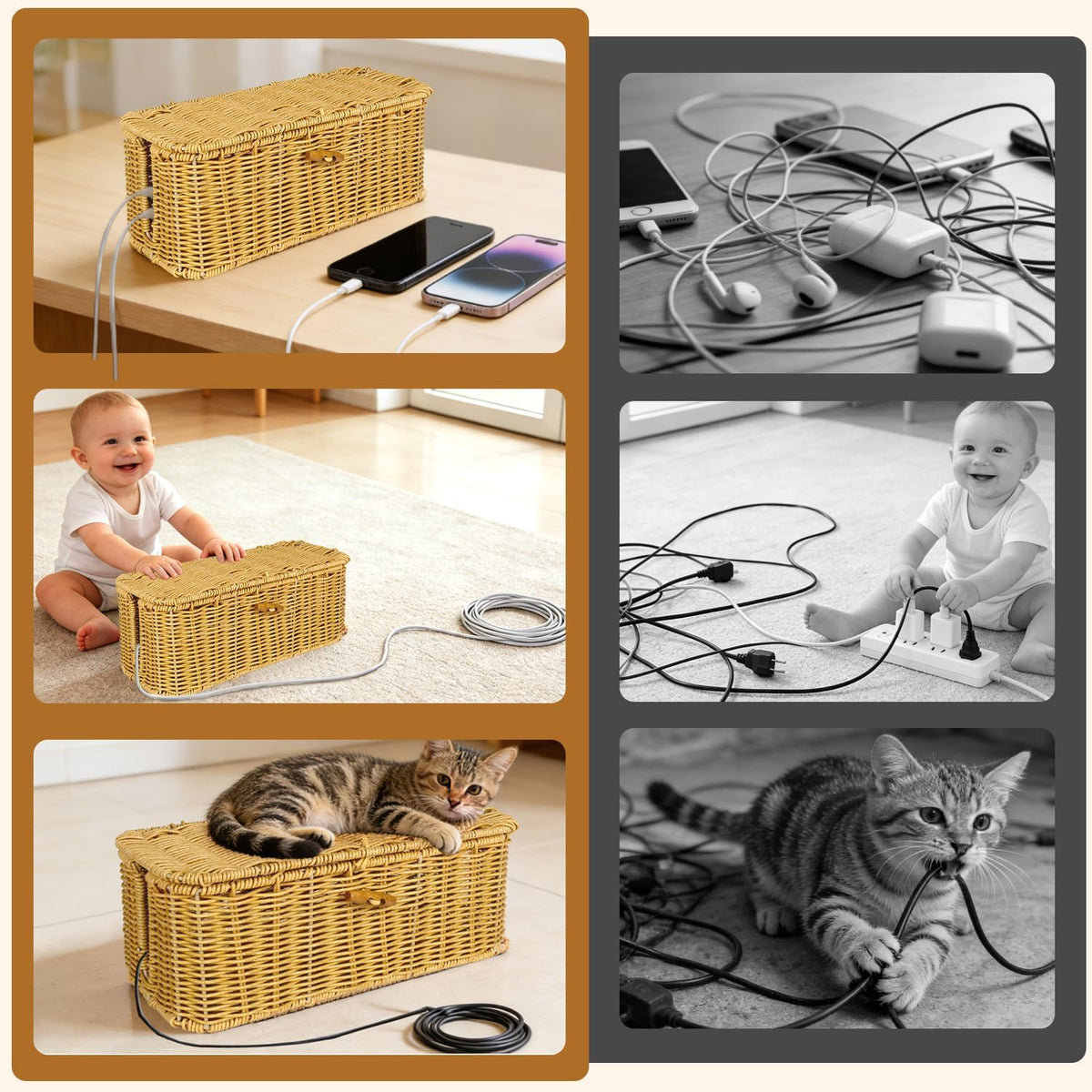 2 Pcs Handwoven Rattan Cable Management Box,Cord Organizer Box with Lid,Open-Slot Cord Hiding Basket,Decorative Storage Box for Hiding Computers, Tv, Power Sockets, USB Hubs