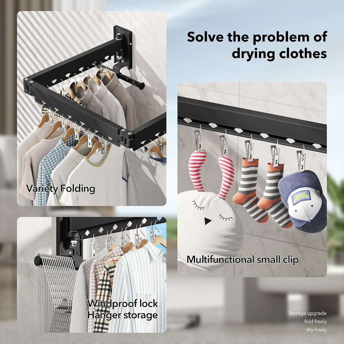 BOQORAD Clothes Drying Rack,Wall Mounted Laundry Rack,Drying Rack Clothing,Laundry Drying Rack Wall Mount,Retractable Clothes Rack,Collapsible,Windproof Holes,with Clips,Black Color