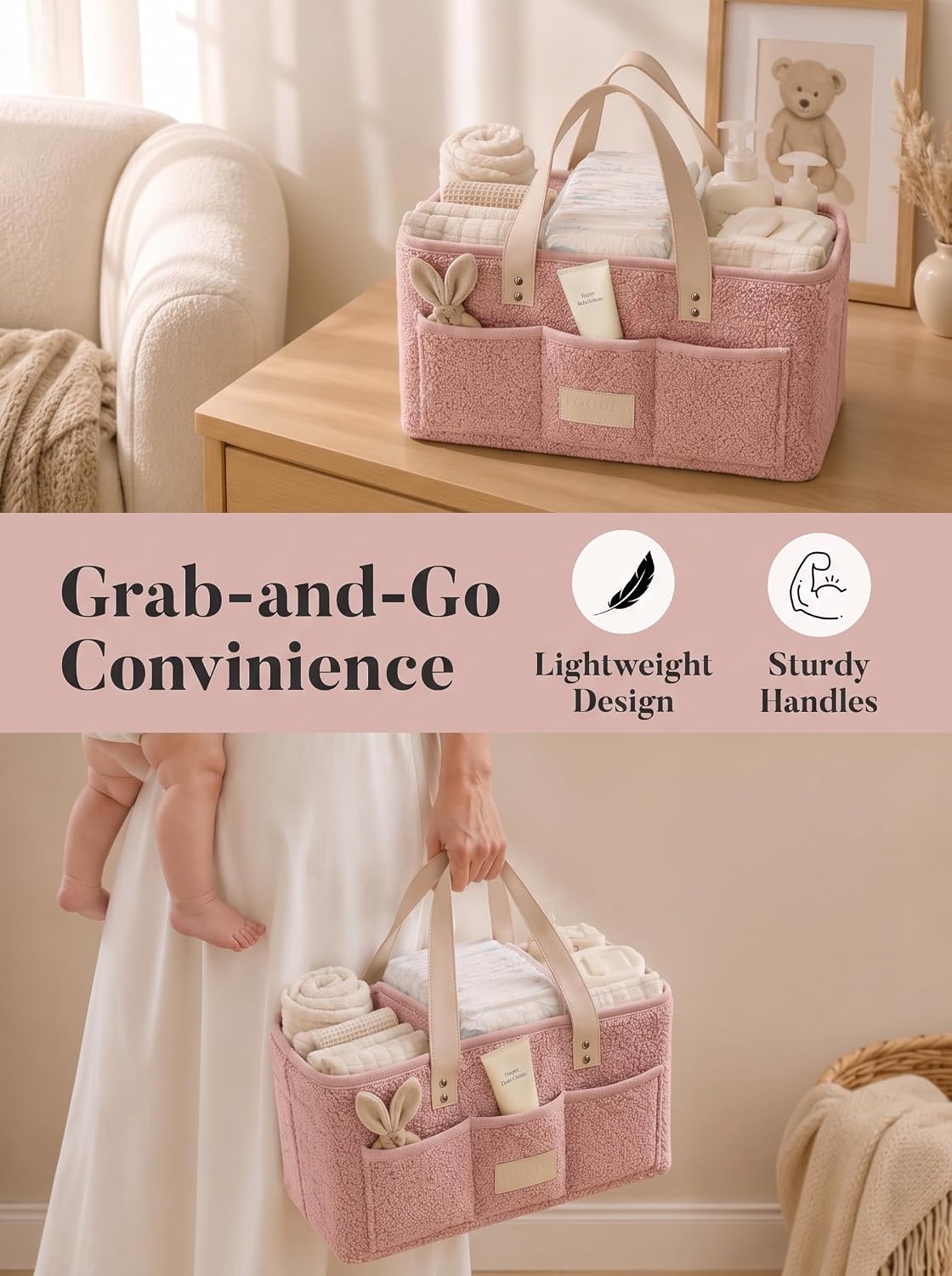 Baby Diaper Caddy Organizer with Waterproof Changing Pad, Pink