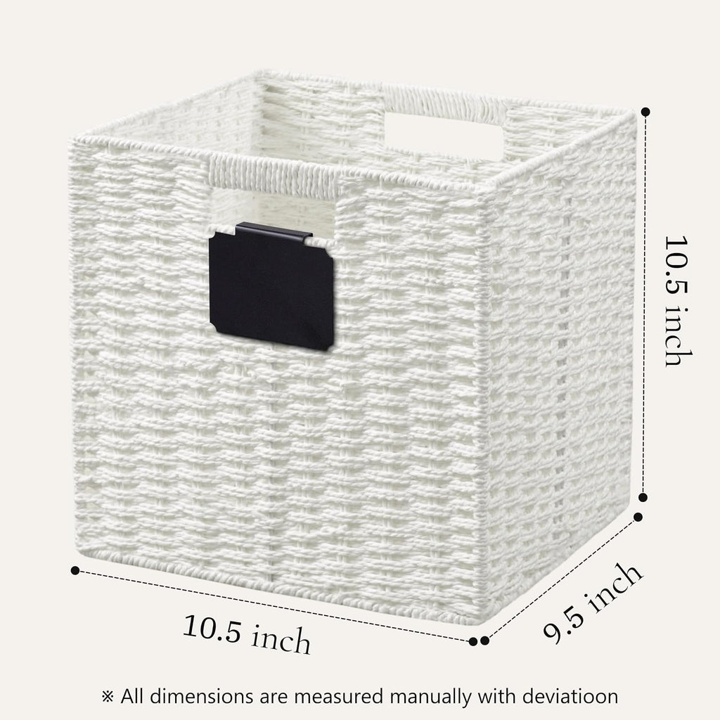 UBBCARE 2 Pack Wicker Basket, 10.5×10.5 Storage Cubes with Label, Foldable Cube Storage Bin with Handle, Square Storage Basket for Shelves, Woven Paper Rope Basket for Organizing, White