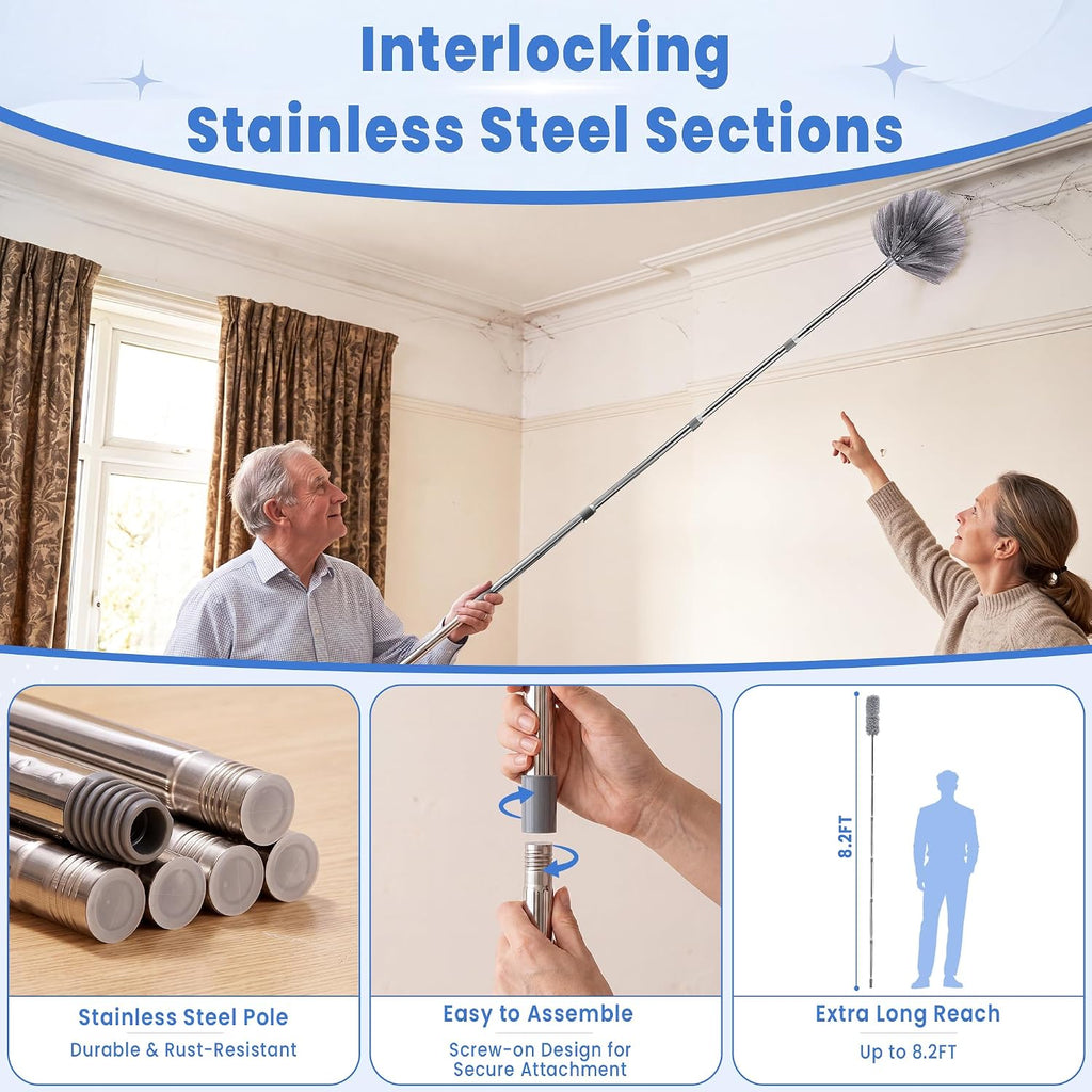 8FT Cobweb Duster, Ceiling Fan, Extension Pole, 2 Brush Heads
