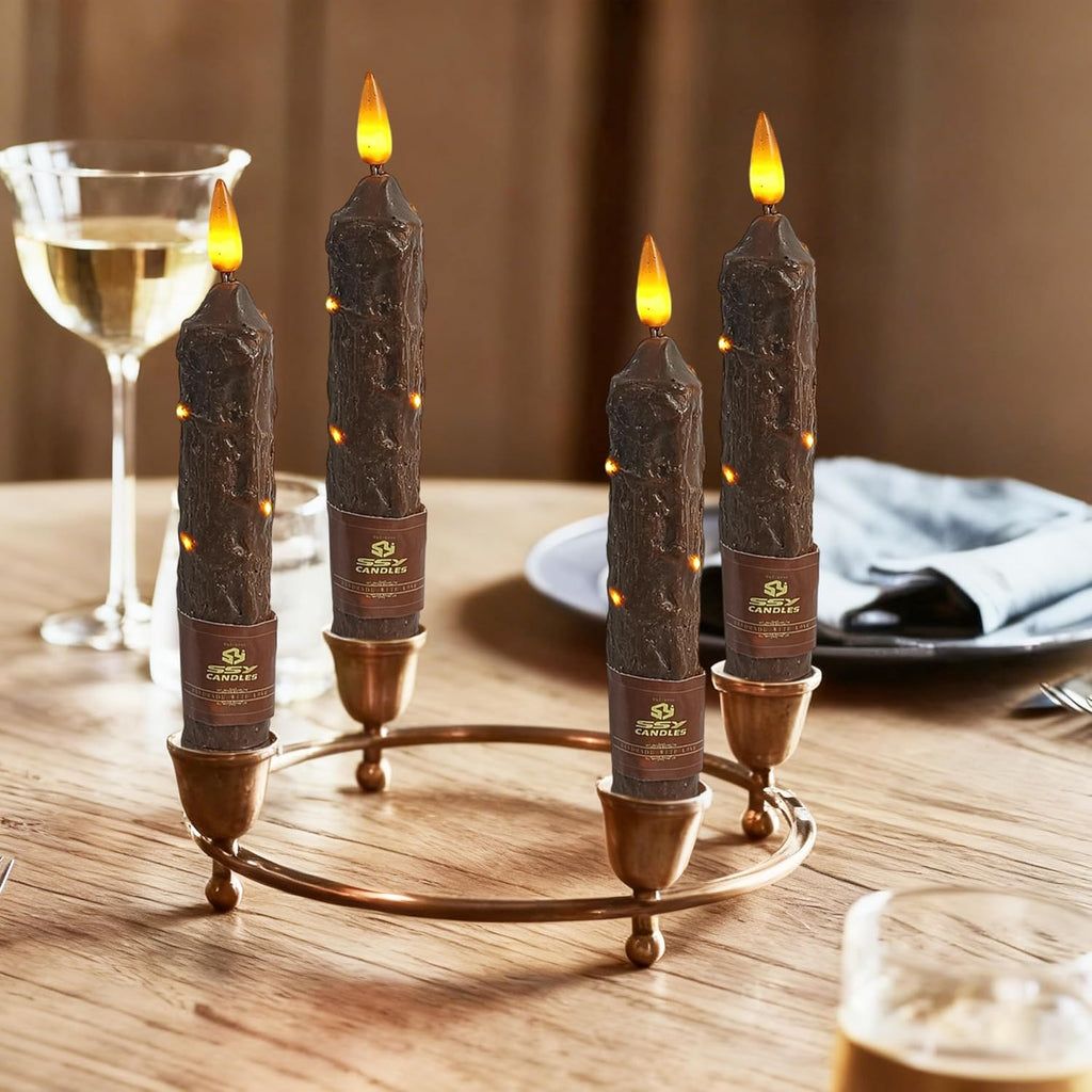 6.5 inch Flameless Brown Taper Candles Flickering with 10-Key Remote, Battery Operated Led Warm 3D Wick Light Window Candles Real Wax Pack of 4, Christmas Home Wedding Decor