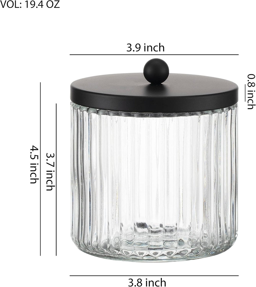 KMwares 2-Pack Glass Qtip Holder Dispenser Set - Bathroom Canister Storage Organizer for Cotton Balls, Swabs, Floss Picks, and Makeup Sponges with Matte Black Metal Lid - Clear Vanity Apothecary Jars