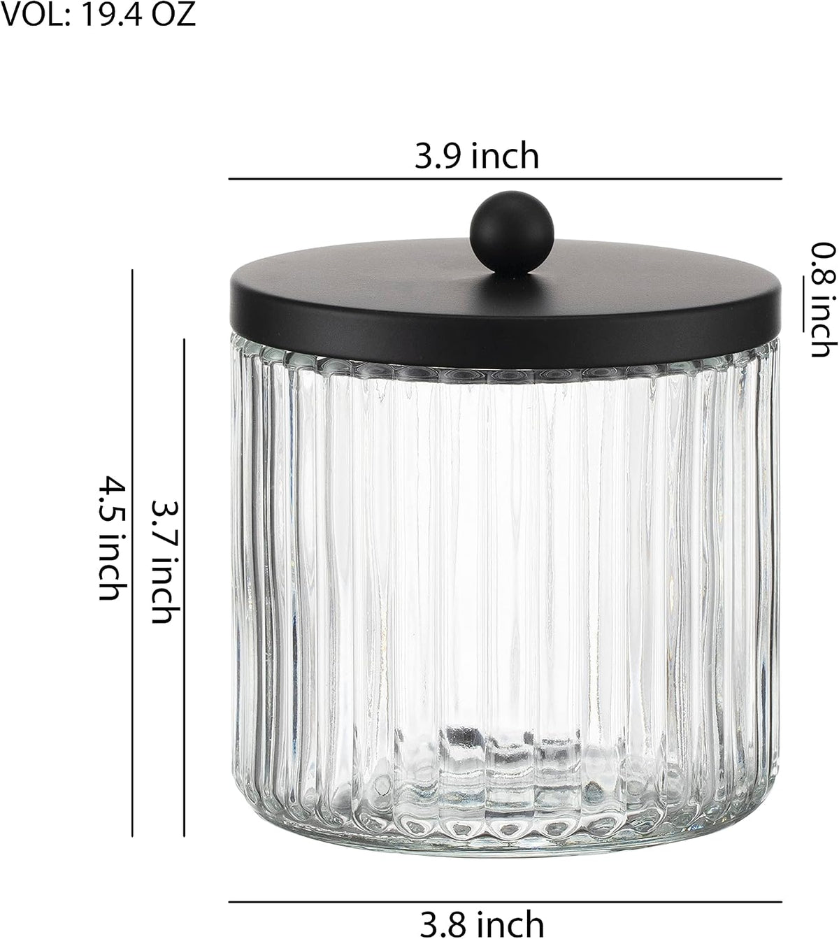 KMwares 2-Pack Glass Qtip Holder Dispenser Set - Bathroom Canister Storage Organizer for Cotton Balls, Swabs, Floss Picks, and Makeup Sponges with Matte Black Metal Lid - Clear Vanity Apothecary Jars