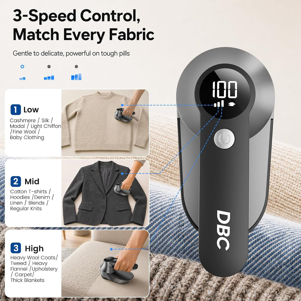 DBC Rechargeable Fabric Shaver,3-Speed Lint Remover Lint Shaver for Clothes