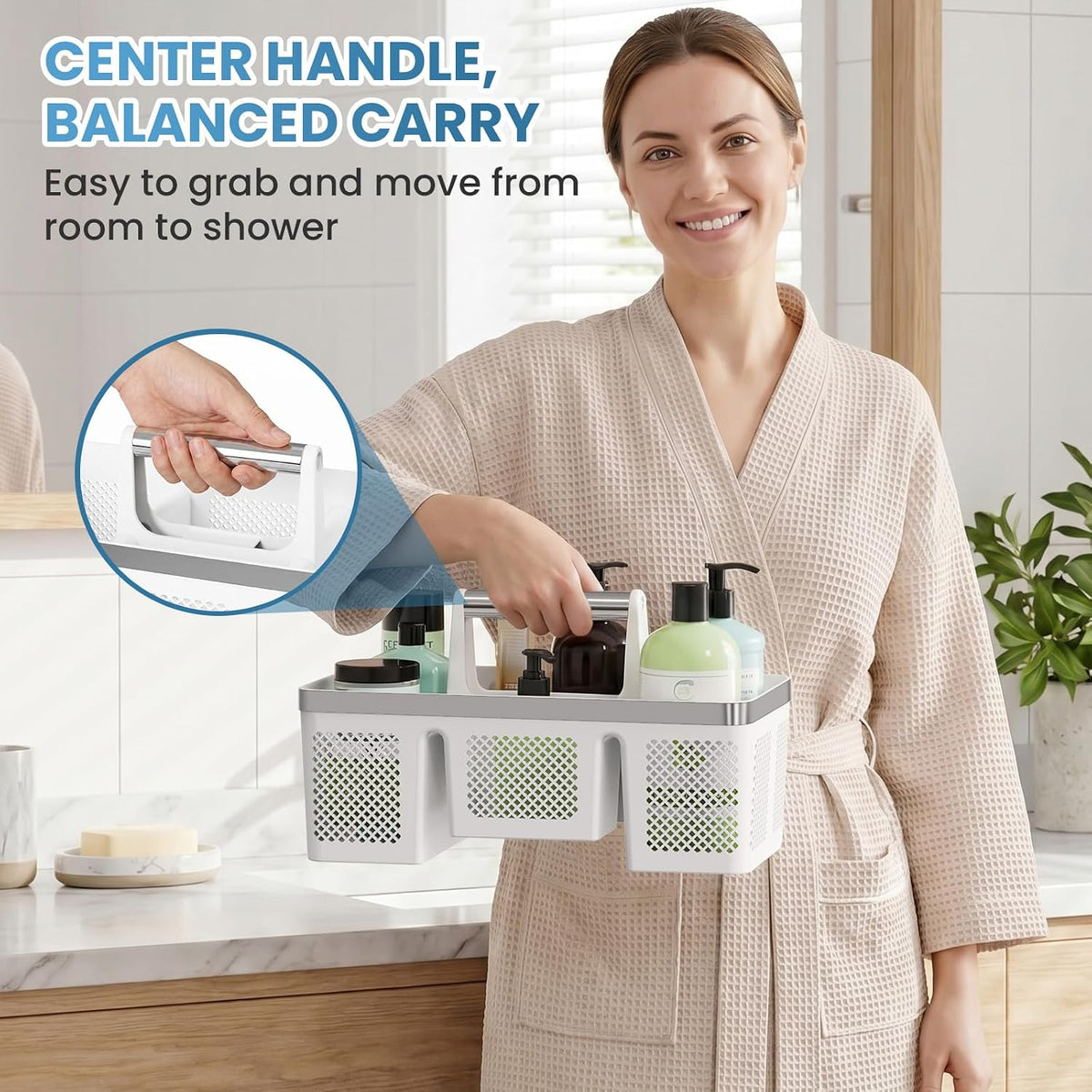 BYUNER 2Pack Plastic Shower Caddy: Portable Shower & Bathroom Caddy Tote with Handle, 4 Divided Compartments, Hard Plastic Shower Basket with All-Side Drainage for College Dorm Room Essentials