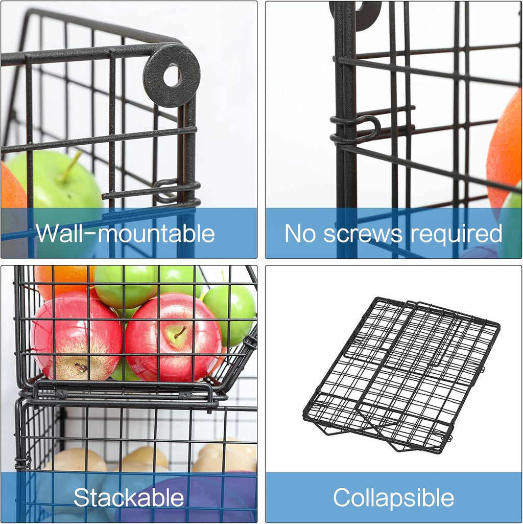 3-Tier Stackable Wire Baskets, Fruit and Vegetable Storage for Counter