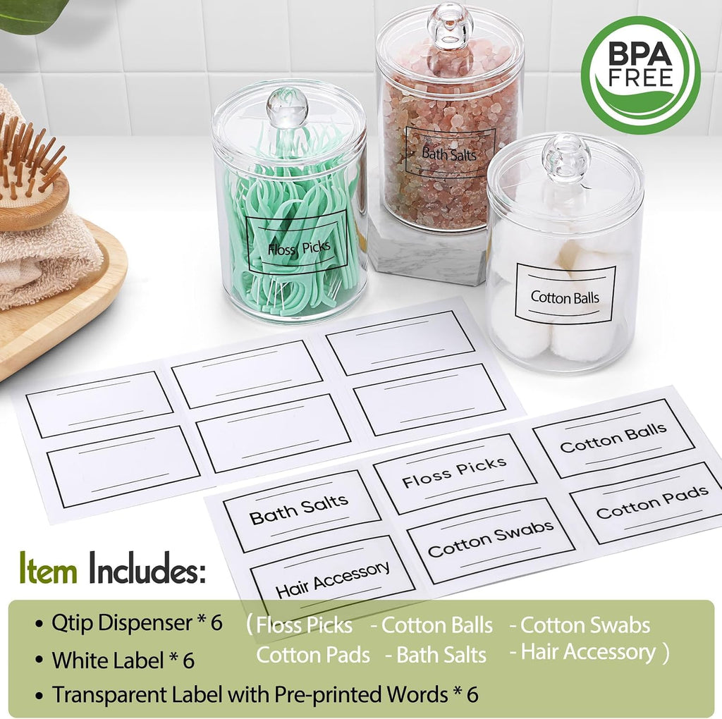 6 Pack Acrylic Qtip Holder Dispenser for Cotton Swabs, Balls, Floss Picks