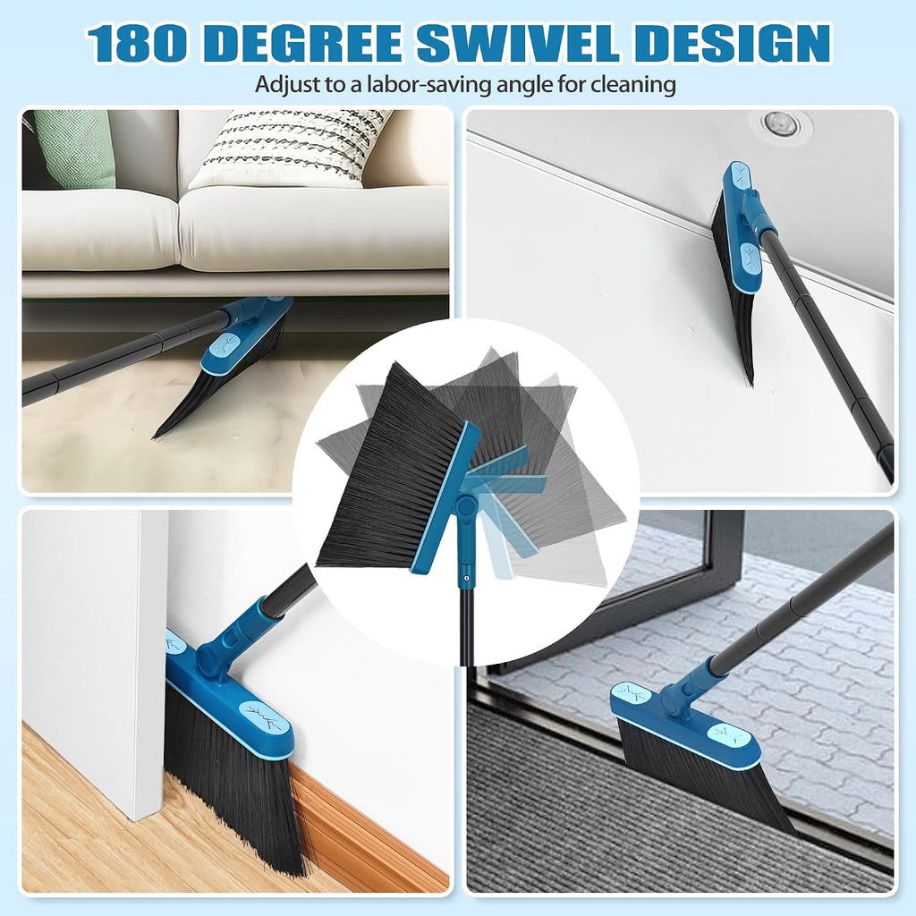 JEHONN Dustpan and Brush Set, 54 inches Long Handle Swivel Broom, Upright Foldable Dust Pan with Comb Teeth for Home Kitchen Lobby Indoor Floor Cleaning(Blue)