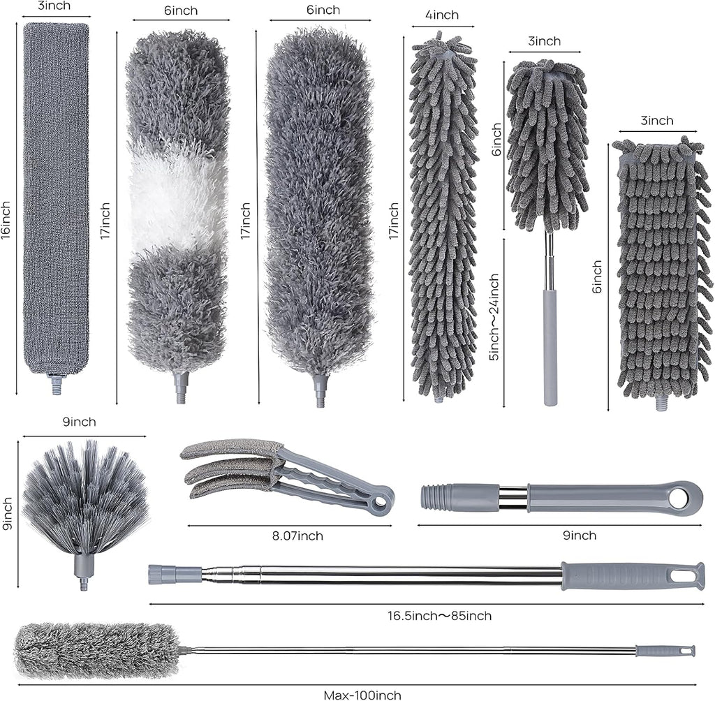 Dusters for Cleaning, Feather Duster Set, 10PCS Duster with Extension Pole Up to 100'' - Extendable, Bendable, and Washable for Ceilings, Chandeliers, and Furniture