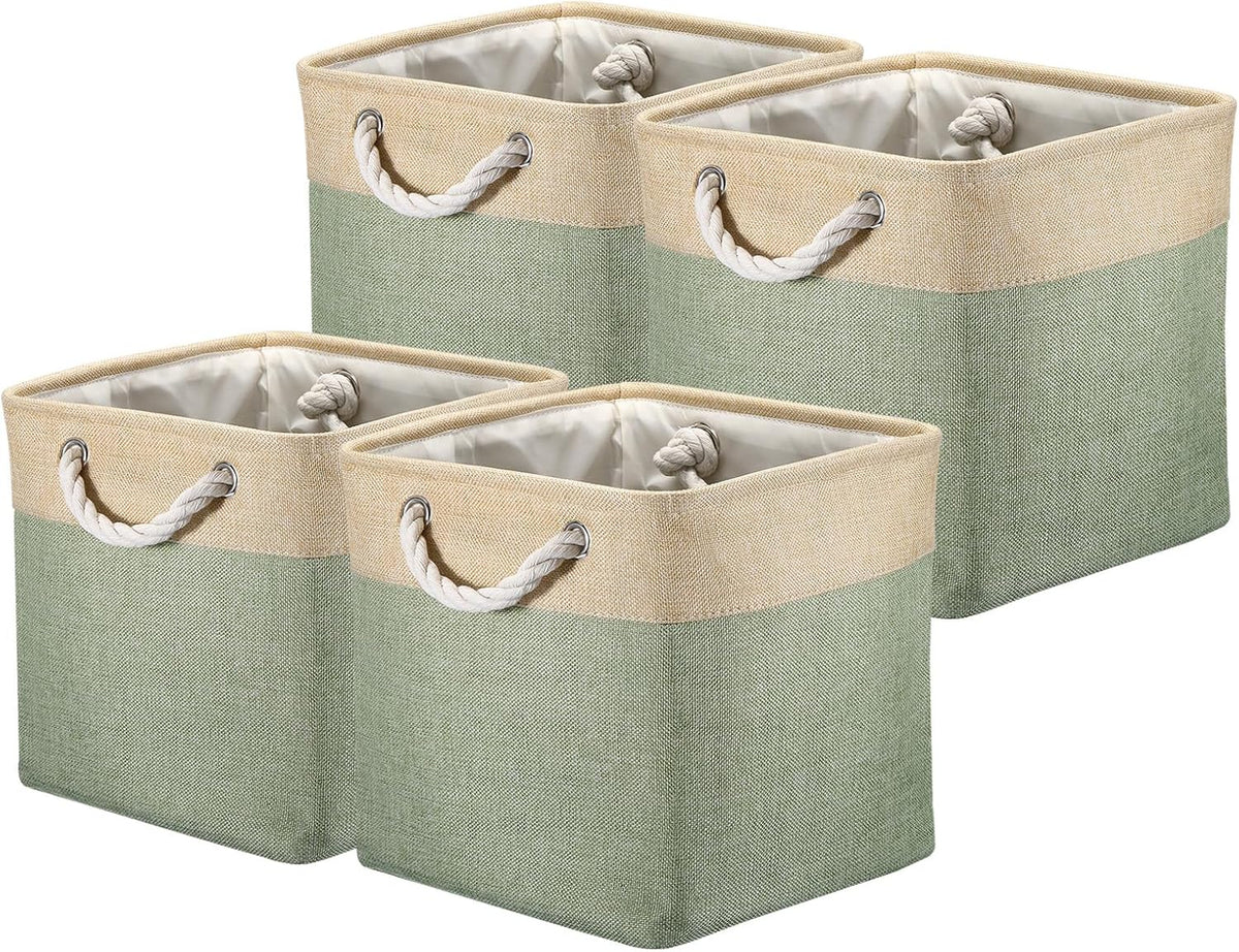 PATIKIL Fabric Storage Cube, 4 Pack 11 Inch Storage Bins Closet Organizers for Shelves with Handles Decorative Collapsible Baskets for Home Organization, Beige/Green