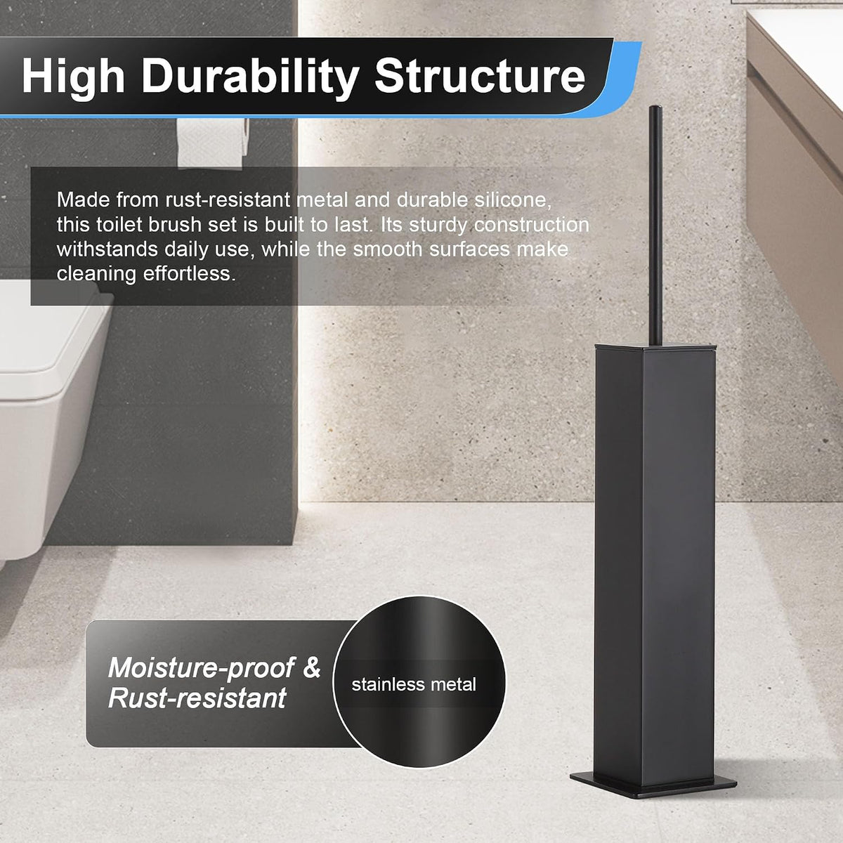 BVL Toilet Brush and Holder Set Black Stainless Steel 304 Square Freestanding Toilet Brush for Bathroom