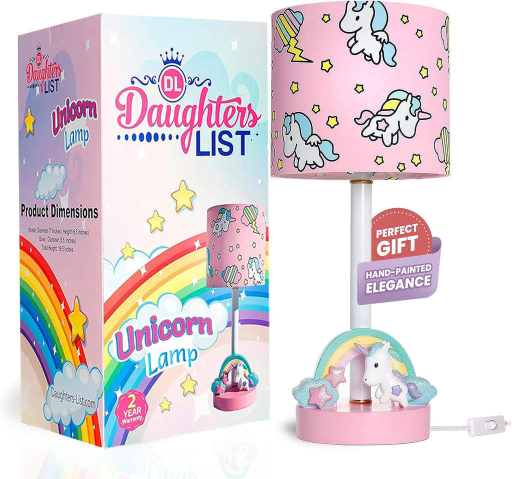Unicorn Lamp for Girls Room | UL Listed Hand-Painted Rainbow Table Light with Pink Star Shade | Bedroom Nightstand Decor, Bulb Included