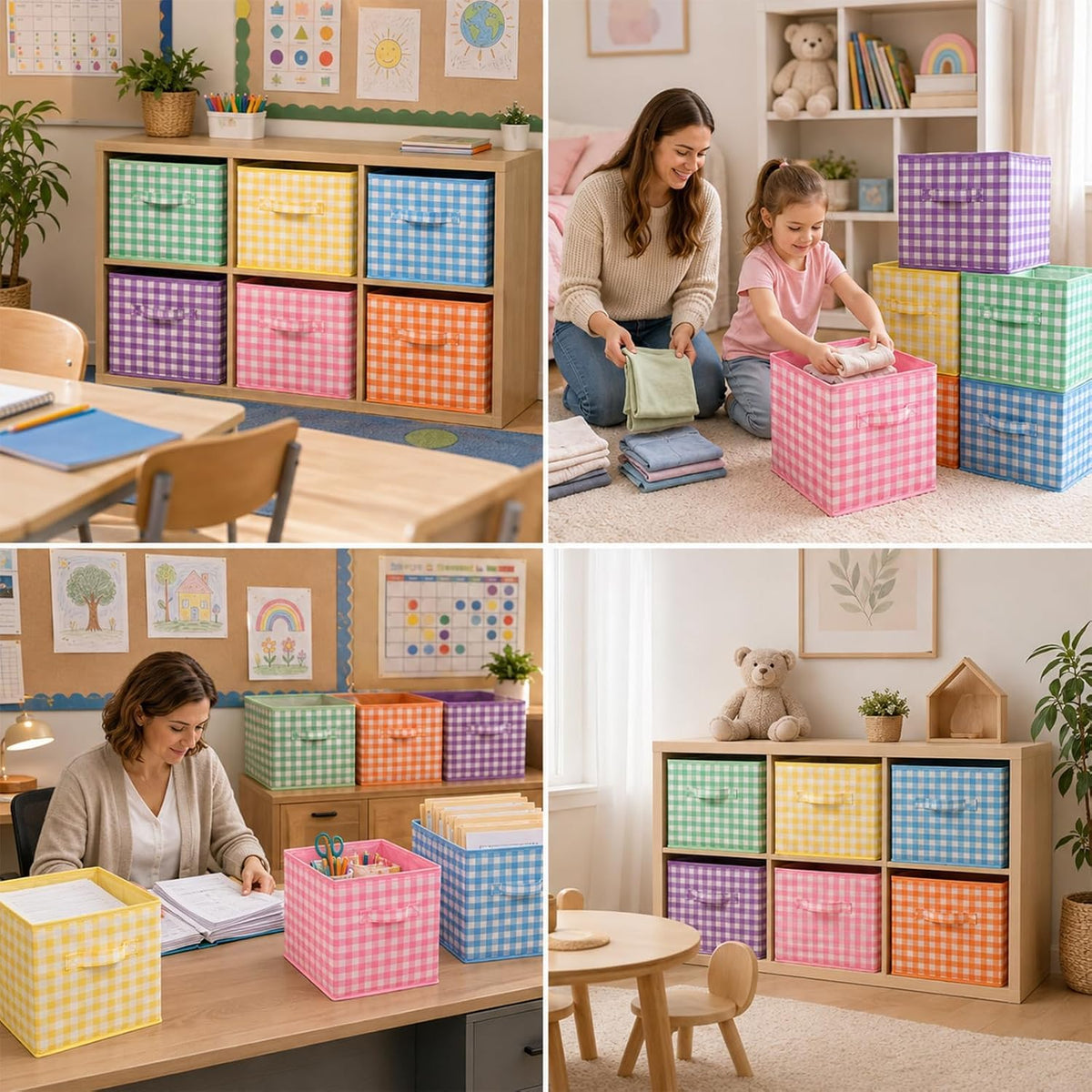 6 Pack 11 Inch Colorful Gingham Cube Storage Bins Fabric Checkered Basket