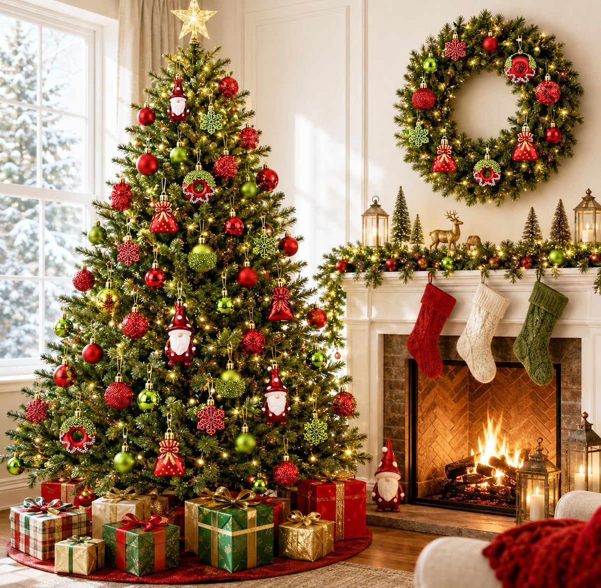 60 Pcs Red & Green Christmas Ornaments Set for Christmas Tree Decorations