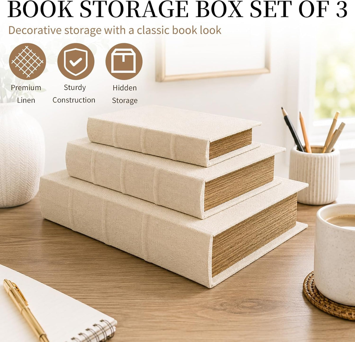 Decorative Book Boxes Set of 3 – Modern Faux Linen & Wood,Beige