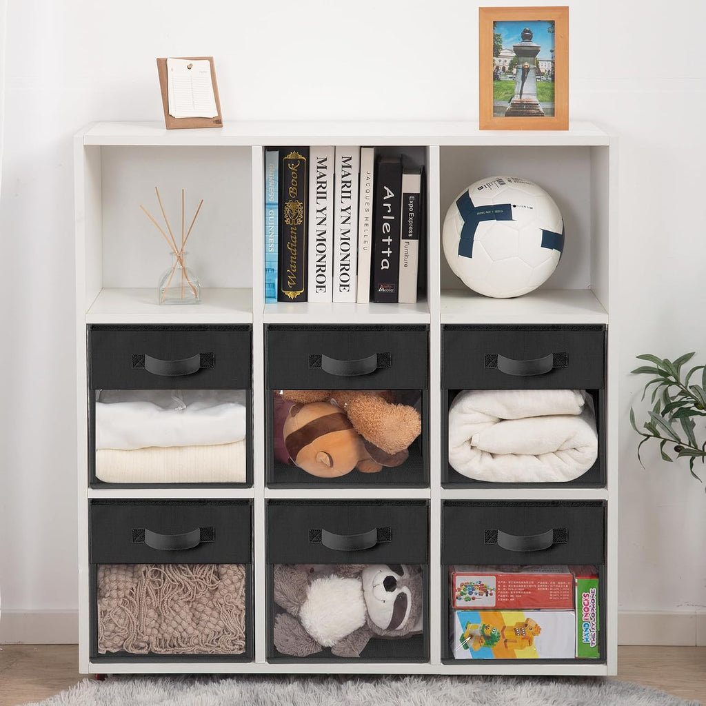 Storage Cubes, 13 Inch Cube Storage Bins With Clear Window, 6 Pack, Foldable Cubes With Handles, Closet Storage Organizer Bins, Cubby Clothing Storage Baskets for Shelves, Black