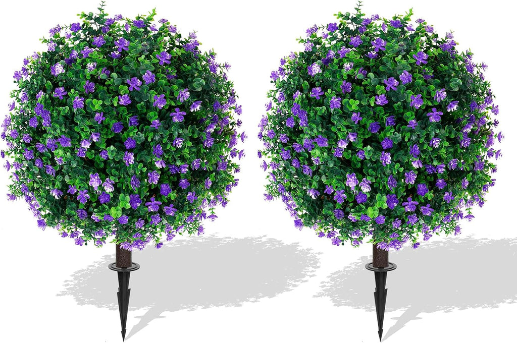 Yangrass 2Pack Artificial Purple Flower Topiary Ball Tree with Ground Spike