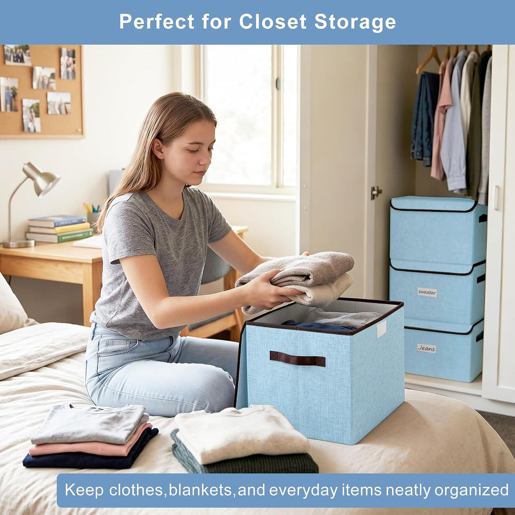 Bagnizer Foldable Storage Bins with Lids, Decorative Storage Baskets, Large Storage Boxes for Home, Office, Bedroom, Closet, Blue, Medium, 4 Pack 14.6 x 9.5 x 9.5”