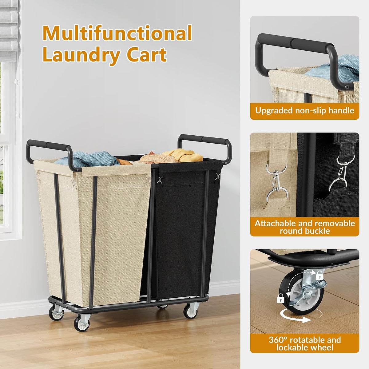 Gewudraw 2 Section Heavy Duty Laundry Basket with Wheels, 360L