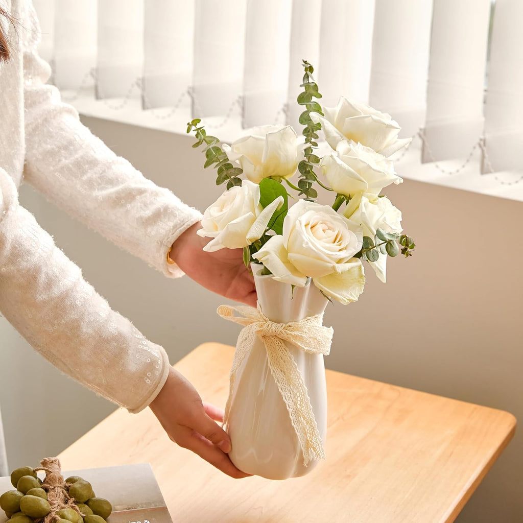 White Ceramic Flower Vase, 8 in Modern Decorative Vases for Home Decor