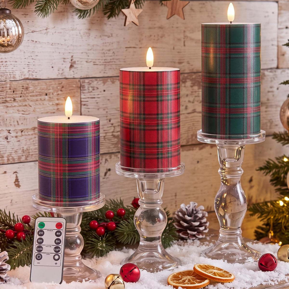 Retisee 3 Pcs Christmas Flameless Candles Real Wax Plaid LED Candles 4/5/6"