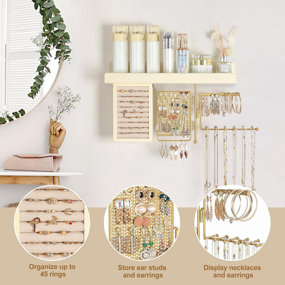 Hanging Jewelry Organizer Wall Mounted with Necklace Earring Ring Holder
