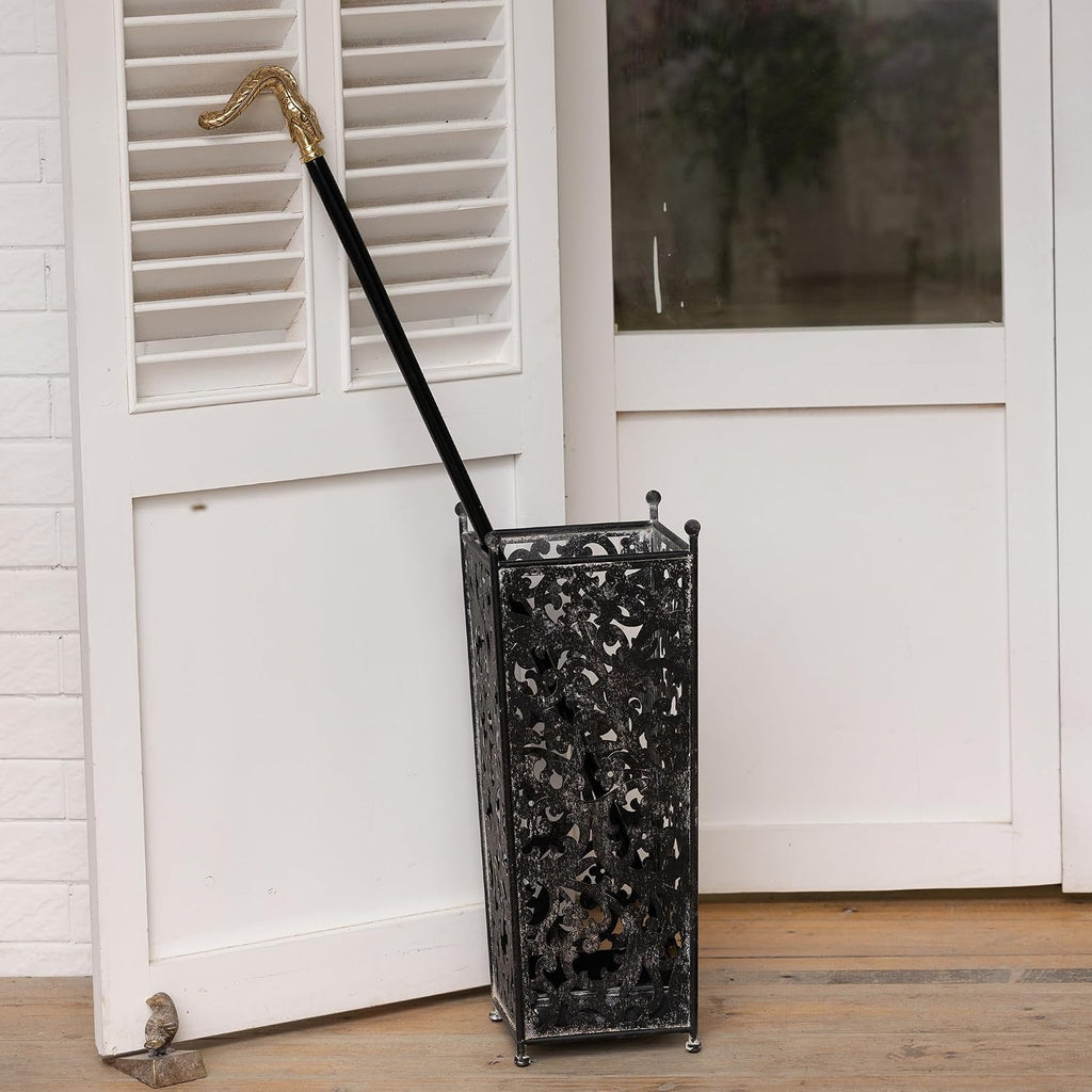 Vintage Black Metal Umbrella Holder with Ornate Cutout Pattern Antique Decorative Umbrella Stand with Detachable Drip Tray for Entryway Storage Umbrellas Canes & Walking Sticks (Black)