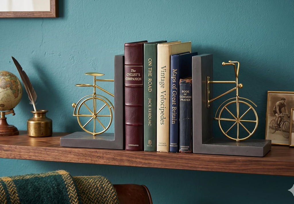 Bicycle Bookend Supports, Decorative Book Stoppers with Non-Skid Bottom, Handcrafted Distressed Wood & Metal Book Stand, Display for Bookshelf Office Desktop, 1-Pair, Golden & Brown