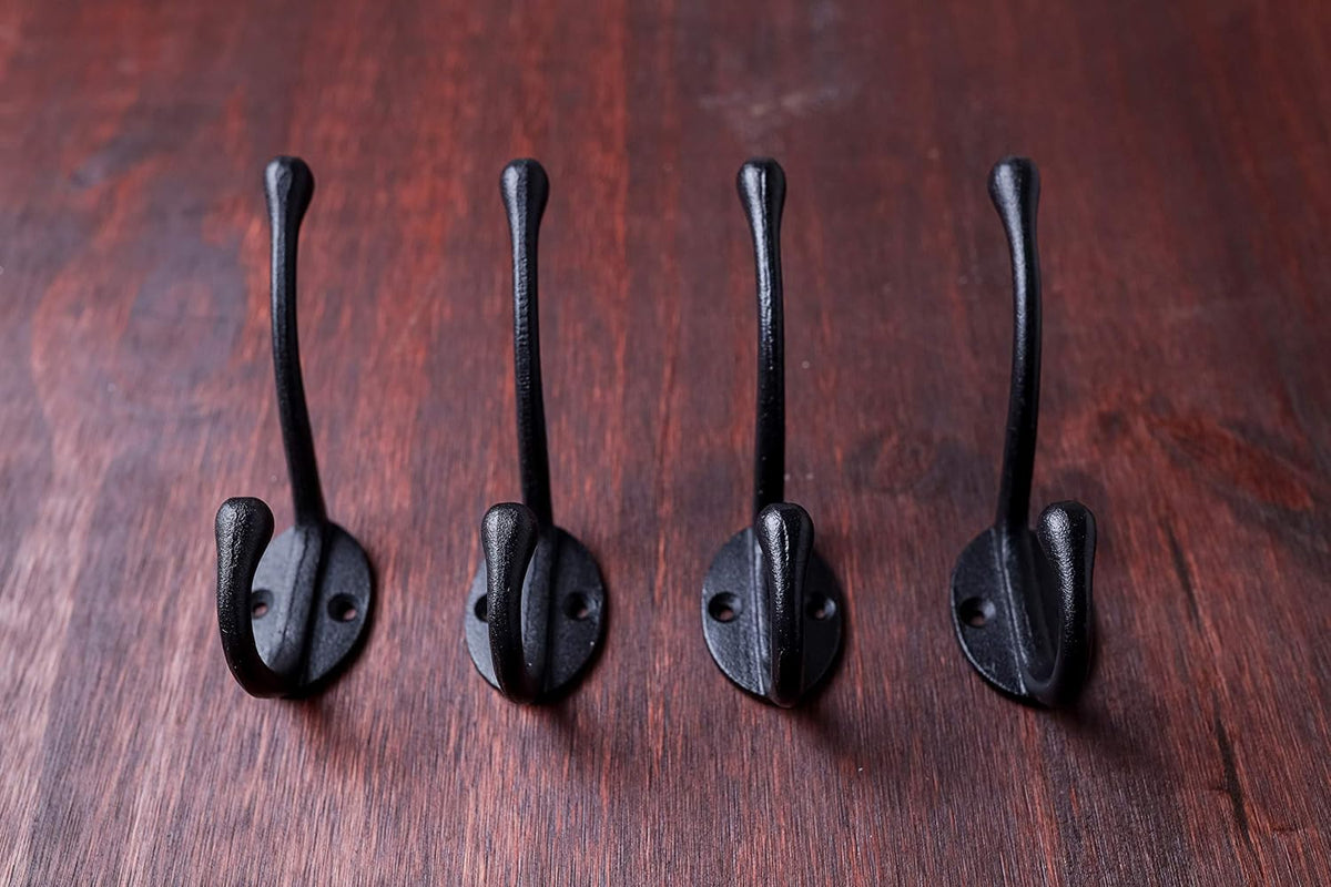 Craftsman Road Vintage Cast Iron Wall Hooks (Black Texture Finish, Set of 4) - Rustic, Farmhouse Coat Hooks | Great for Coats, Bags, Towels, Hats | Classic Slender