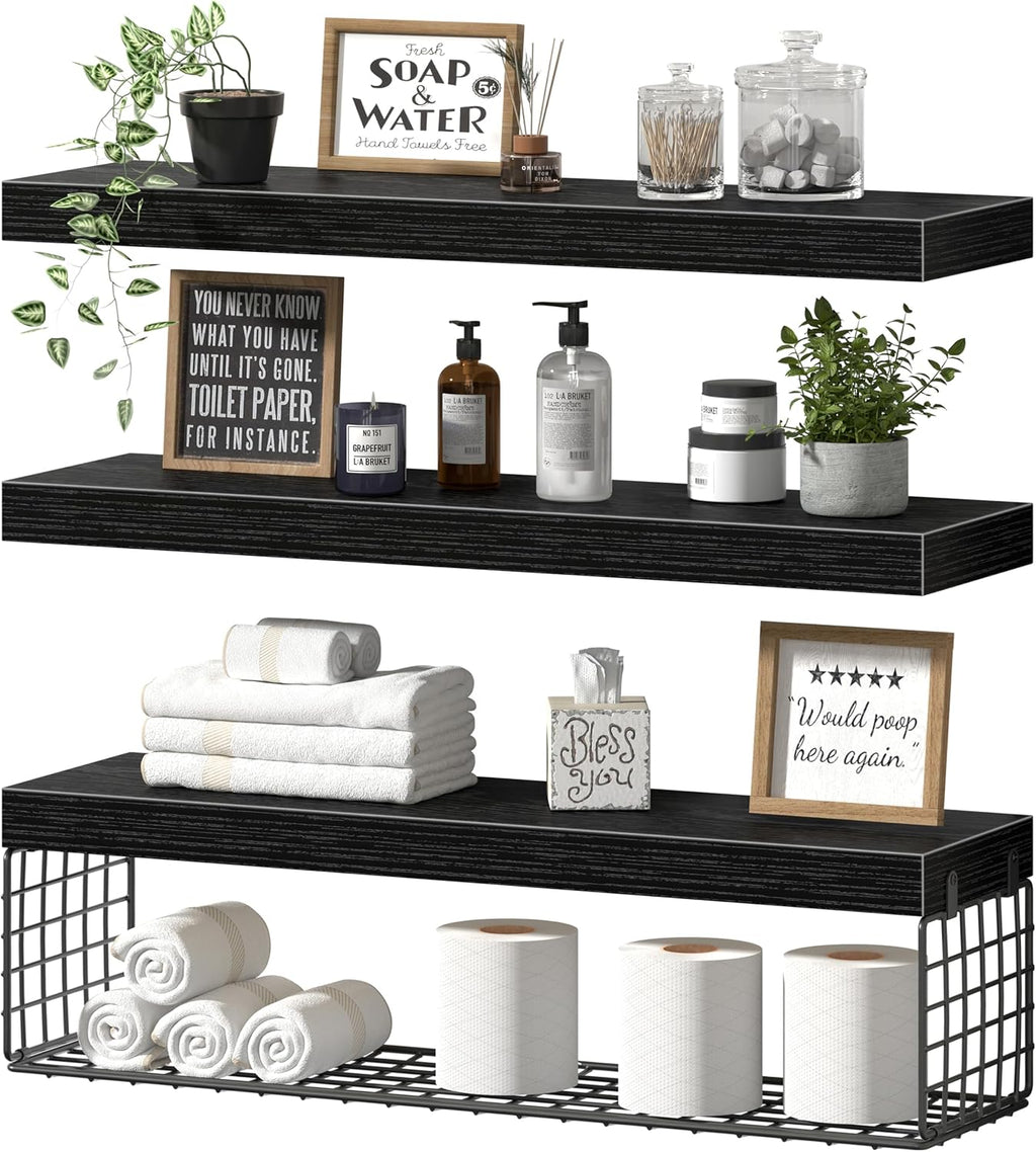 QEEIG Bathroom Shelves Over Toilet Wall Mounted (Black, Set of 3, 31.5")