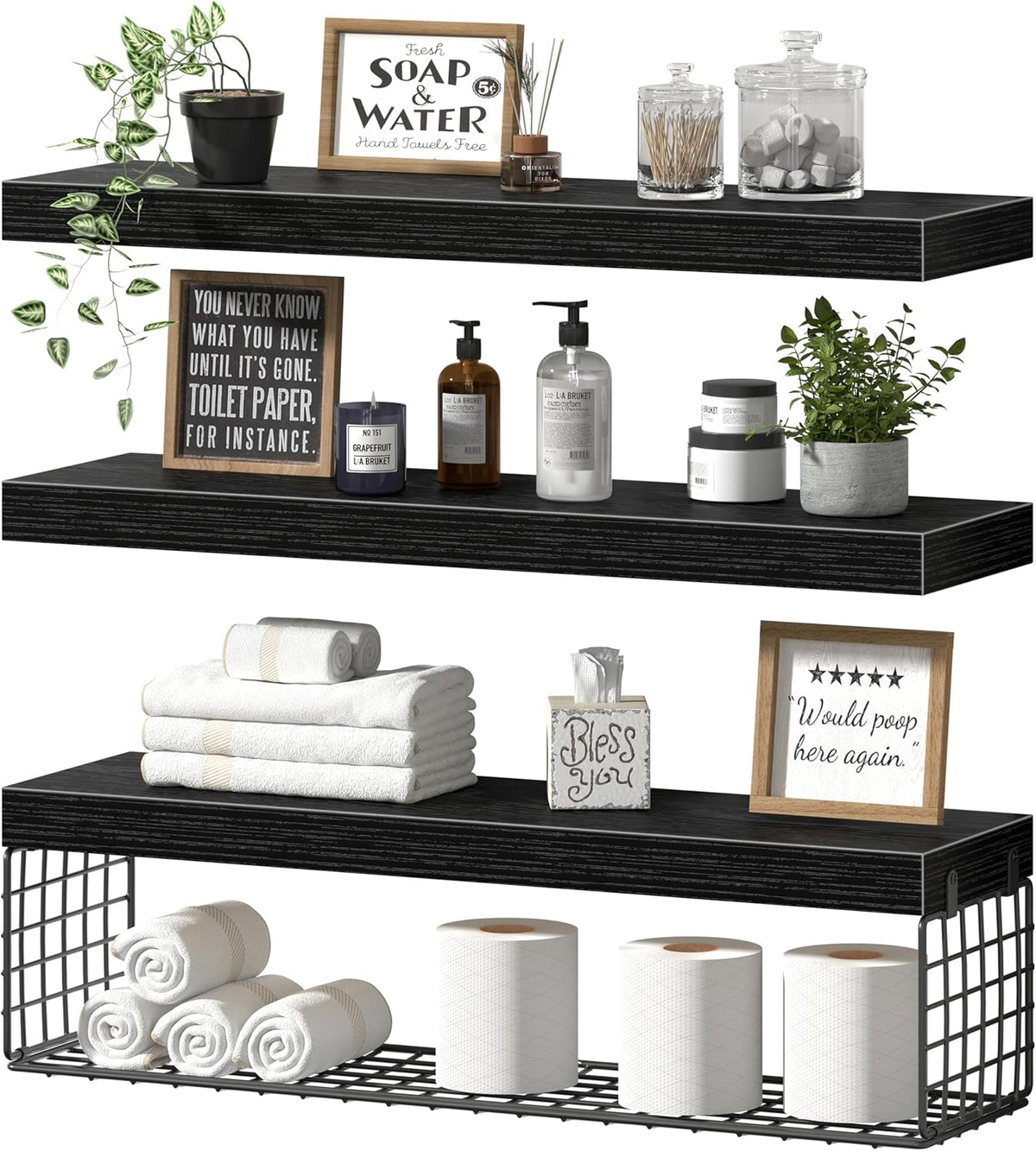 QEEIG Bathroom Shelves Over Toilet Wall Mounted (Black, Set of 3, 31.5")