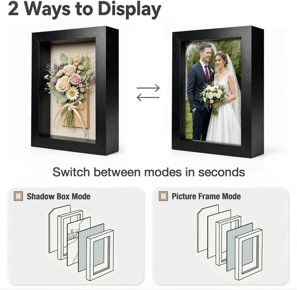 5x7 Shadow Box Picture Frame, 2-Pack Linen Back, Keepsake, Black
