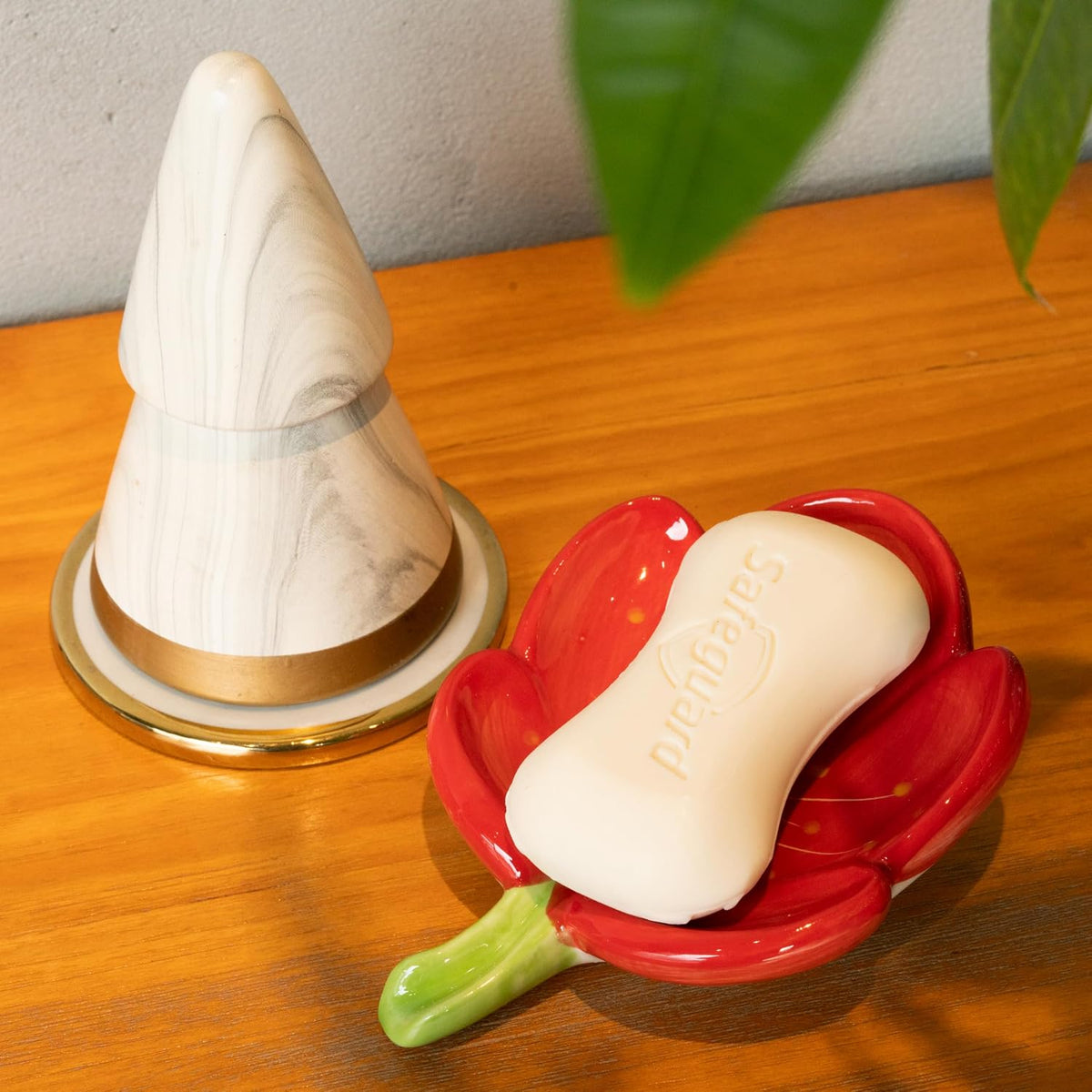 Ceramic Soap Dish Holder for Bathroom, Flower Bar Holder for Shower, Easy Cleaning Saver Tray Decoration for Bathroom, Sinks, Kitchen (Red)