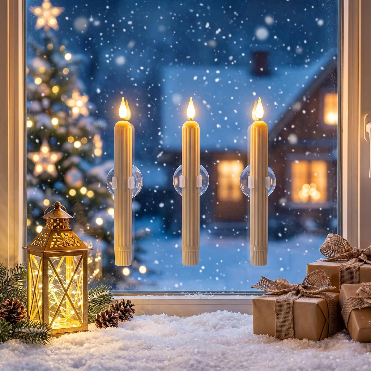 Christmas Window Flameless Taper Candles Sensor Dusk to Dawn(12AA Include)