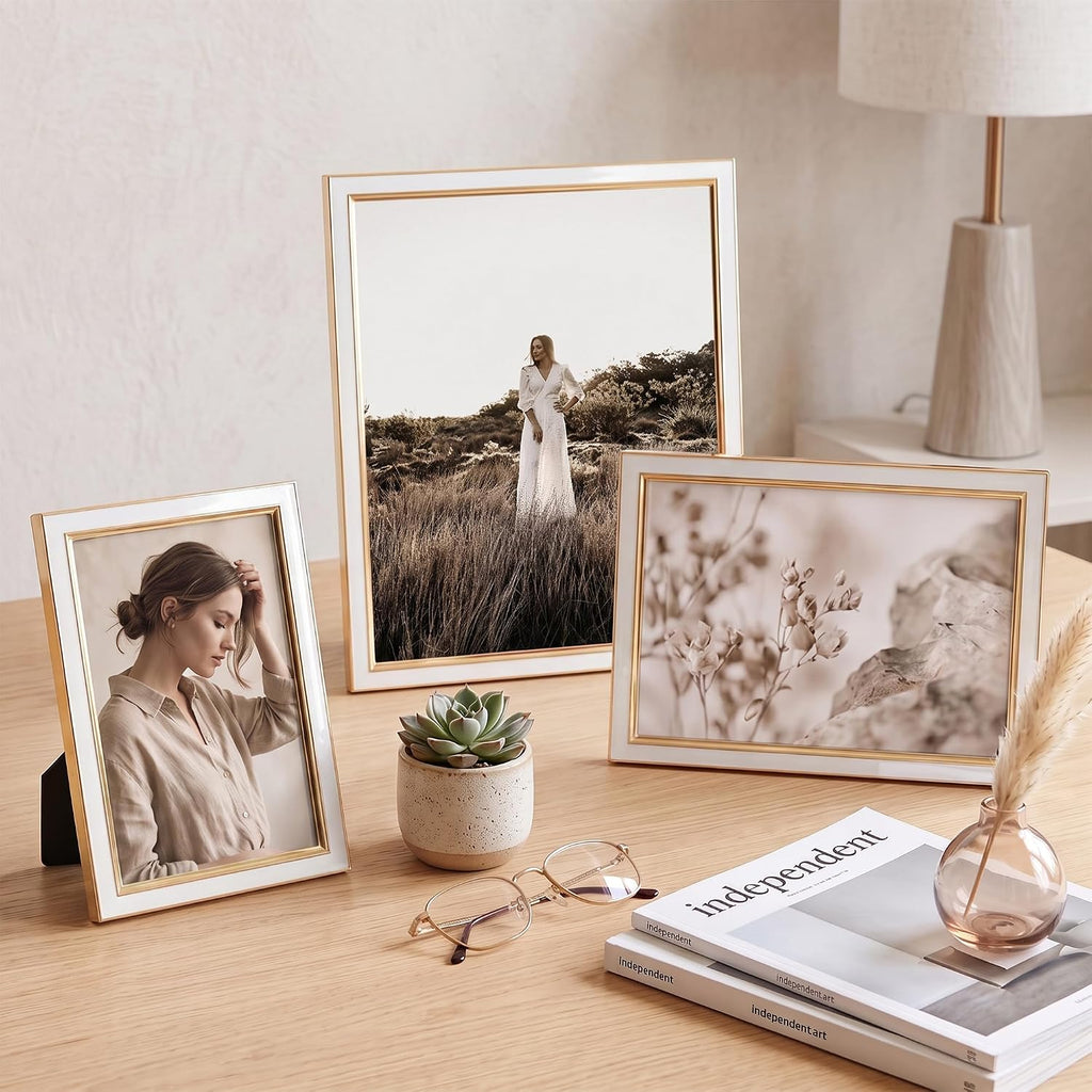 Venusmiles 5x7 Enamel Picture Frames with Tempered Glass, 1 Pack White Photo Frame with Gold Metal Edge, Horizontal and Vertical Display Pictures 5x7 for Wall and Tabletop, Bookshelf, Wall Decor
