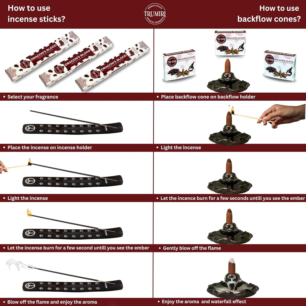 Dragons Blood Incense Sticks & Backflow Cones for Waterfall - 60 Sticks + 30 Cones - Waterfall Incense Combo Pack