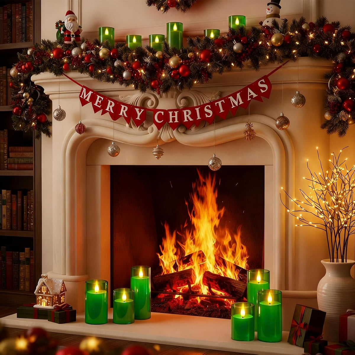 Raycare Battery Operated Flameless Pillar Candles with Remote Timer, Green