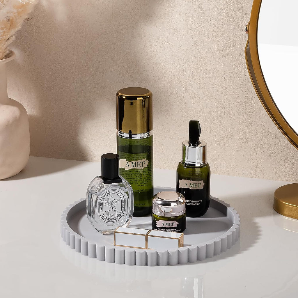 Round Bathroom Tray Perfume Organizer Coffee Table Decor, 9" Light Gray