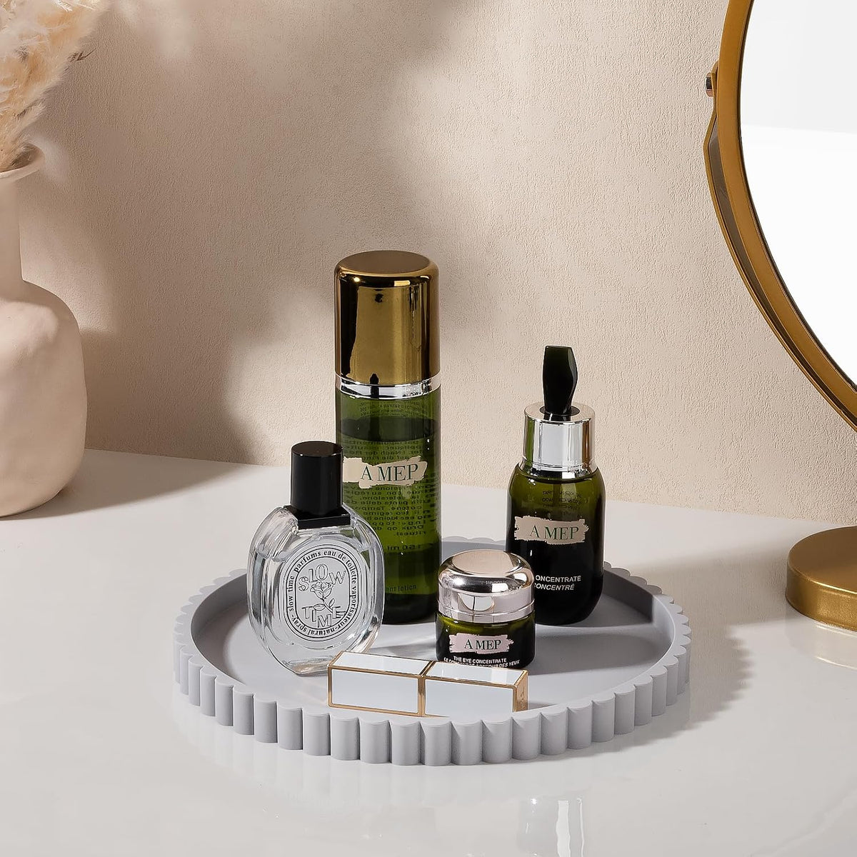 Round Bathroom Tray Perfume Organizer Coffee Table Decor, 9" Light Gray