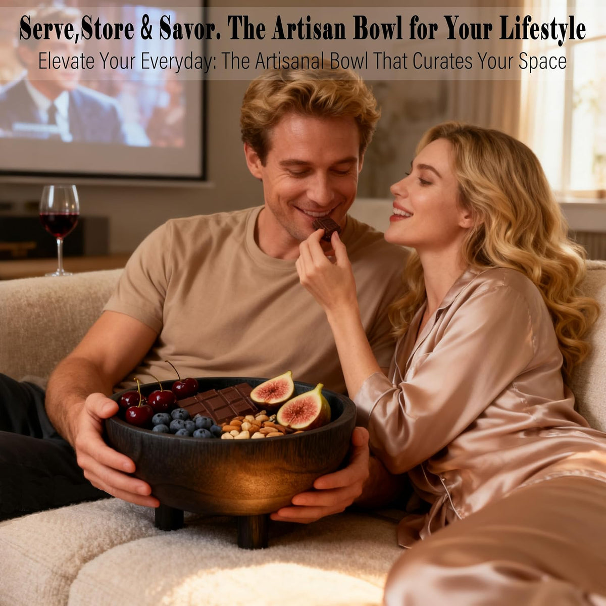 Premium 11" Large Charred Black Wooden Bowl Coffee Table Decor,Dining Decor Centerpiece-Fruit,Snack,Serving Bowl for Kitchen Counter,Farmhouse&Home Decor,Wedding Display-Housewarming Gift