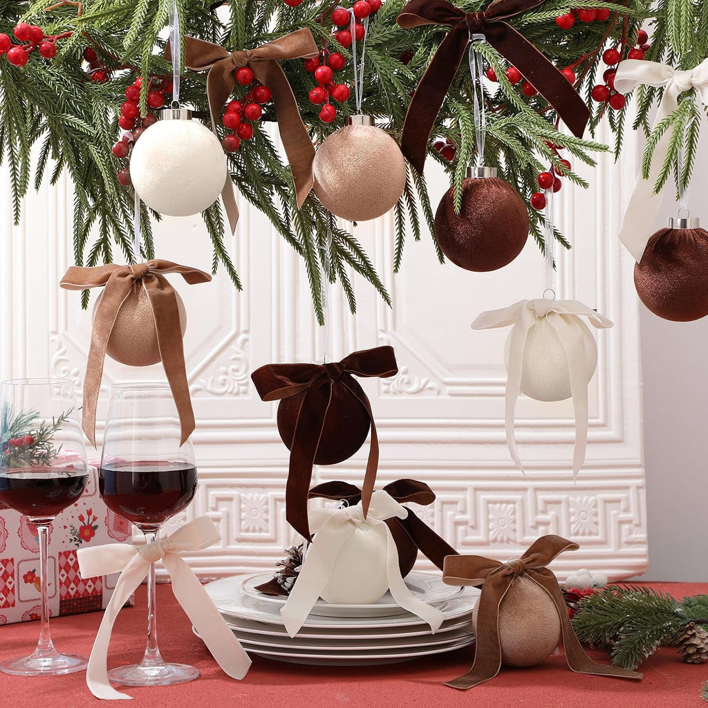 Wettarn 30 Sets Velvet Christmas Ornaments Balls & Bows, Classic Neutrals
