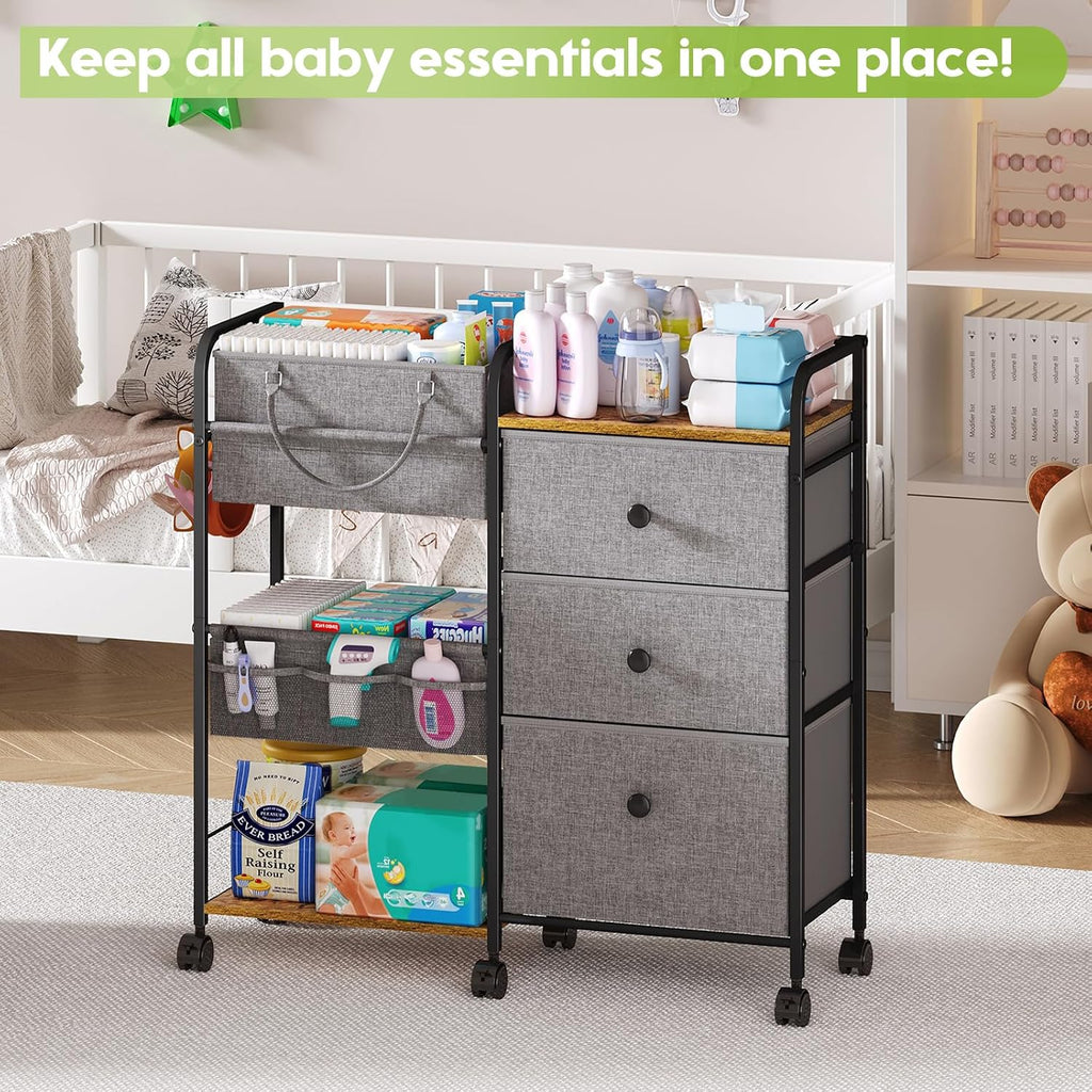 Cidaziya 2In1 Baby Diaper Caddy Organizer and Storage, 3 Tier Rolling Cart with Dividers and Drawers, Mobile Utility Cart Baby Dresser Clothes Organizer for Changing Table, Crib Nursery, Bedroom, Grey