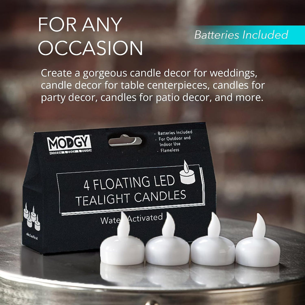 MODGY LED Floating Tealight Candles Flameless Battery Operated Flickering Light Candle, Water-Activated, White, Set of 4