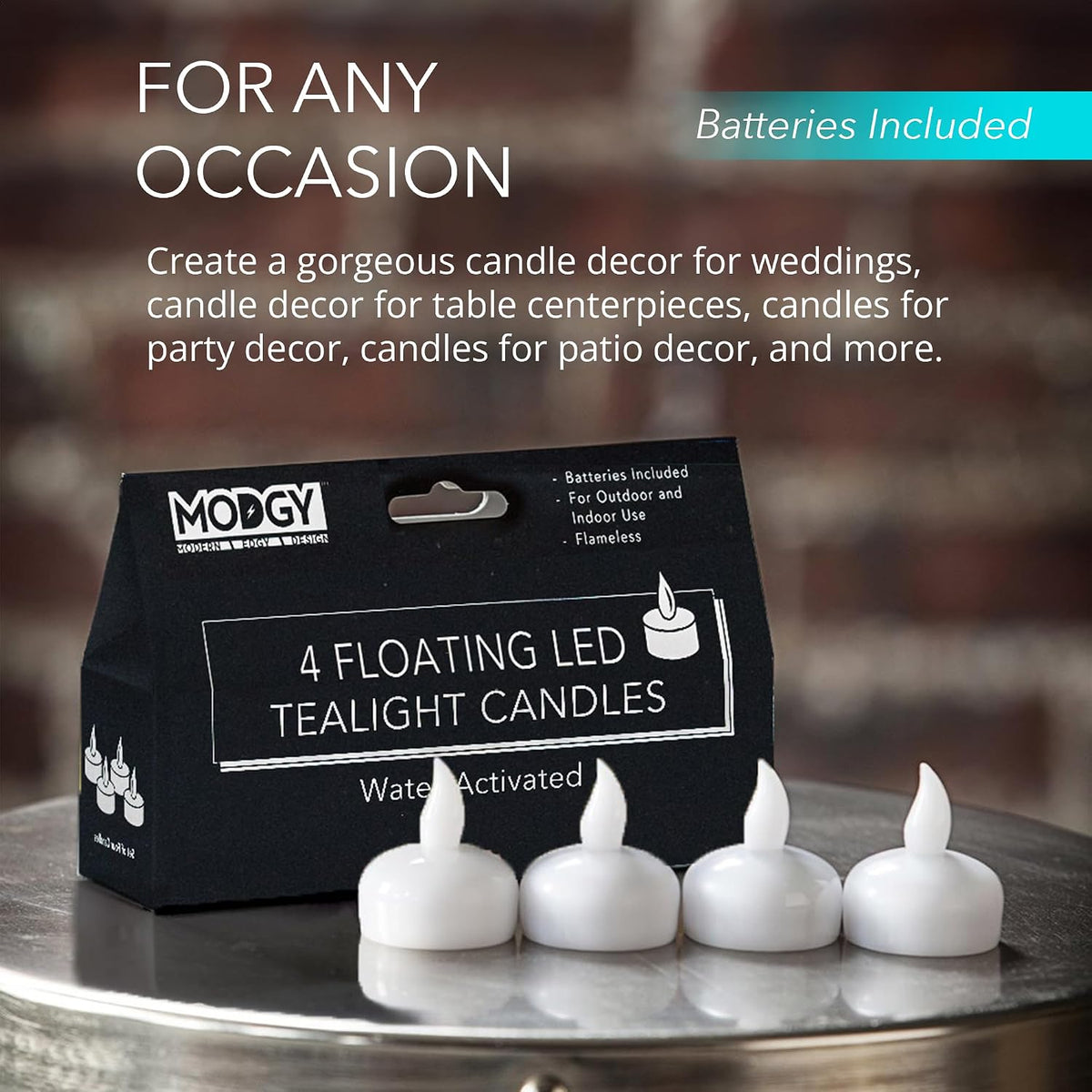 MODGY LED Floating Tealight Candles Flameless Battery Operated Flickering Light Candle, Water-Activated, White, Set of 4