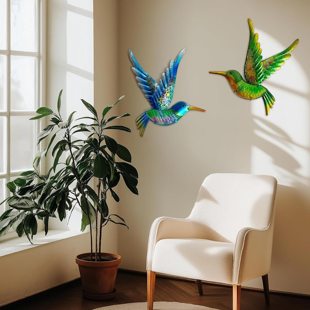 HONGLAND Metal Hummingbird Wall Art 12inch Metal Birds Wall Sculpture Garden Decoration Outdoor Statue Patio Fence Hanging Plaques 2 Pack（Blue-Green）